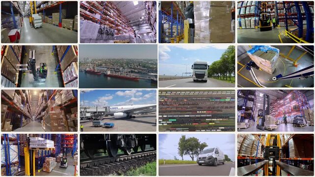 Logistics multiscreen. Concept of transport logistics and cargo transportation. The concept of transport and warehouse logistics. The large industrial or wholesale warehouse. 