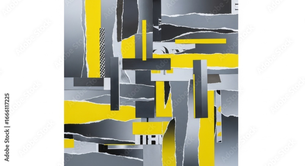 Poster dynamic abstract composition with ripped edges and geometric shapes in gray, yellow