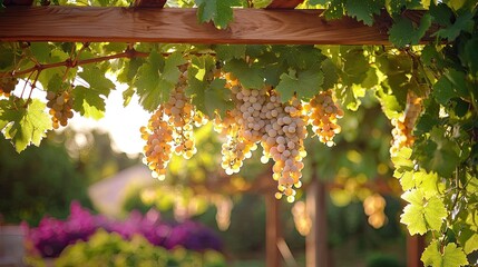 Lush vineyard grapes hanging from wooden pergola in golden sunlight with beautiful blurred garden background
