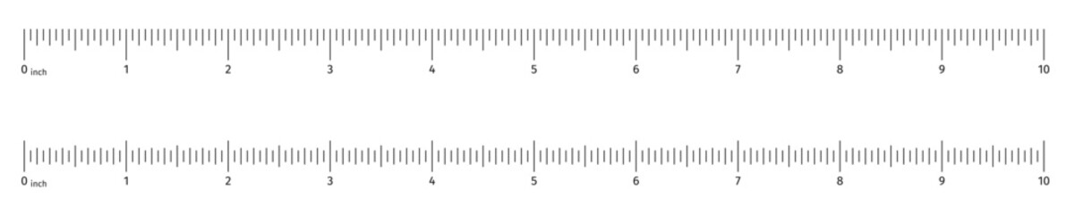 Ruler scale with markings and numbers. Size indicators measuring tool. Ruler scale with inches, half, quarter and eighth units. Vector