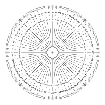 Protractor ruler on transparent background. Protractor for drafting, degree measuring, and tilt angle meter tool. Protractor ruler with 360 degrees. Vector