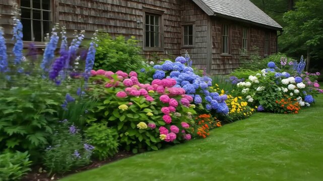 A quaint, wood-clad structure is framed by a vibrant garden overflowing with blue, pink, purple, yellow, and orange flowers, plus lush green shrubs