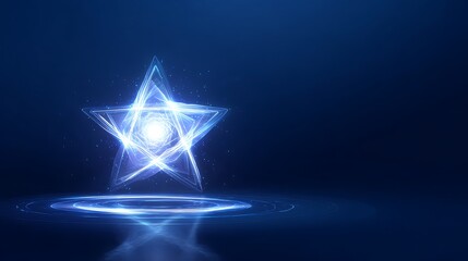 Star with glowing light effect on a blue background, vector presentation design template banner for product showcase and promotion. Hologram of high-tech, futuristic technology.