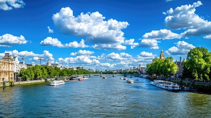 Fototapeta premium Scenic View of River Thames with Lush Green Trees and Dramatic Cloudscape in London, England