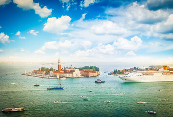 panoramic skyline of Venice old town lagoon, Italy, retro toned
