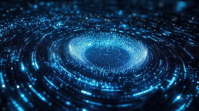 Abstract blue glowing digital background with swirling vortex of binary code and data flow particles forming circular pattern in dark space for futuristic technology concept