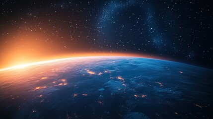 Fototapeta premium Astronaut's perspective view of planet Earth from space with glowing blue and orange sunset atmosphere, stars scattered across the cosmic backdrop
