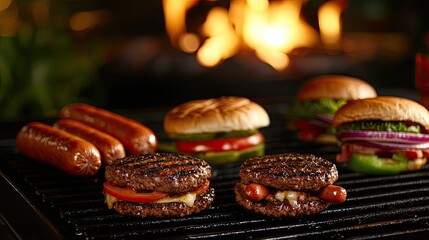 Grilled Meat and Buns with Bright Flames in Background Perfect for Summer Barbecue or Cookout Celebrations