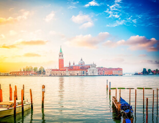 view of lagoon and San Giorgio island in sunrise light, Venice, Italy, retro toned