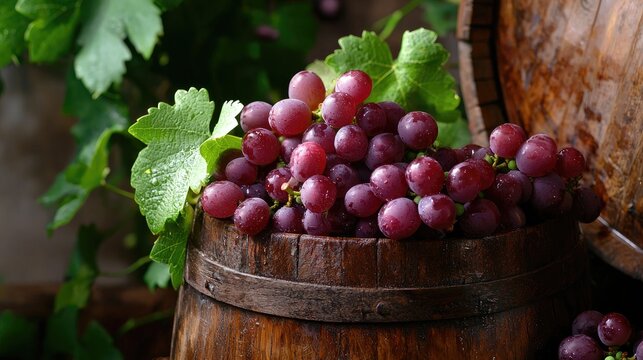 Fresh Purple Grapes Resting in a Rustic Wooden Barrel Surrounded by Green Leaves and Natural Elements
