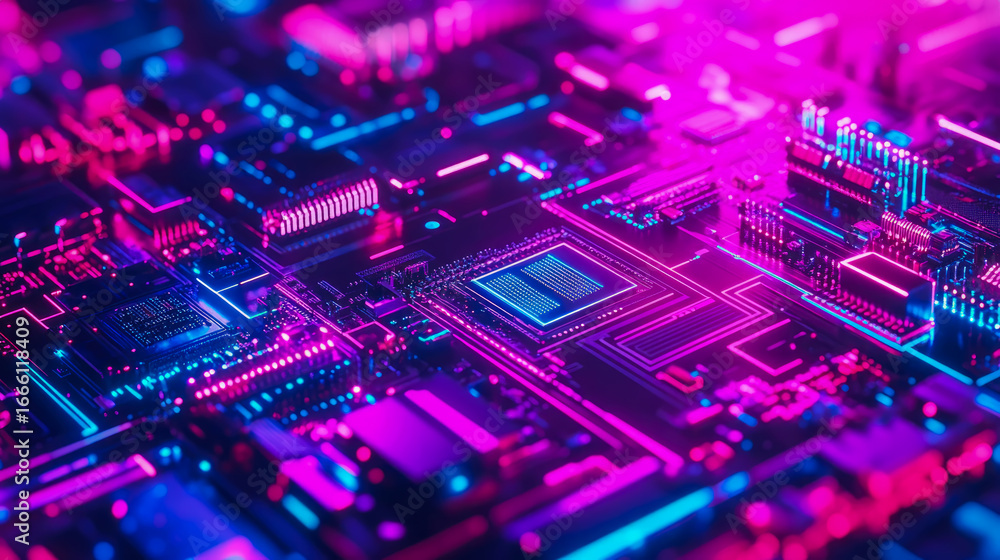 Poster abstract close-up of high-tech circuit board illuminated by striking pink and blue neon lights, symb
