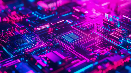 Obraz premium Abstract close-up of high-tech circuit board illuminated by striking pink and blue neon lights, symbolizing digital innovation and interconnected data flow