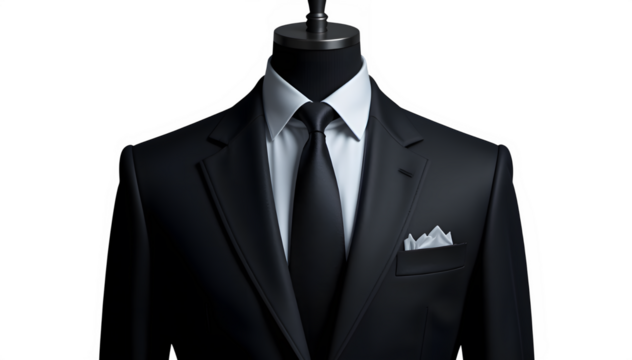 Elegant dark suit with white shirt and tie isolated on transparent background