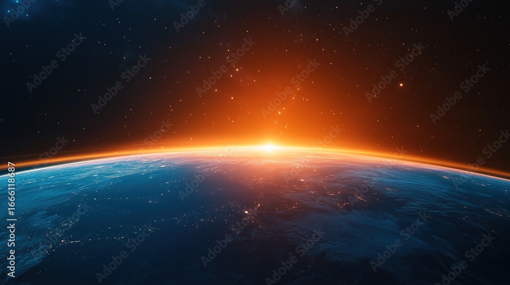 Poster abstract view of earth from space with orange light rising over the horizon, symbolizing new beginni