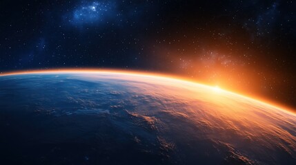 Fototapeta premium Orange and blue gradient background with Earth in space surrounded by stars and a rising sun, warm light illuminating the scene to create tranquil beautiful cosmic atmosphere