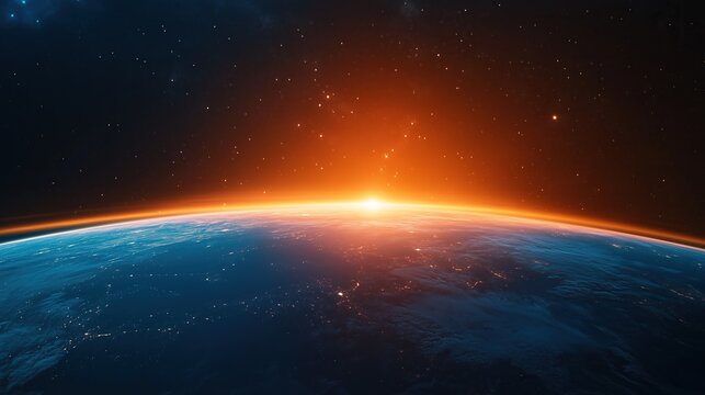 Abstract view of Earth from space with orange light rising over the horizon, symbolizing new beginnings and hope for global unity in a futuristic cosmic scene