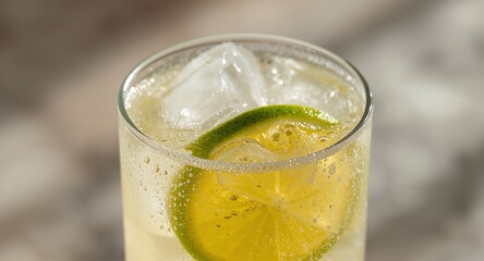 Refreshing Lime Cocktail with Ice Cubes in Glass Perfect for Summer Thirst.