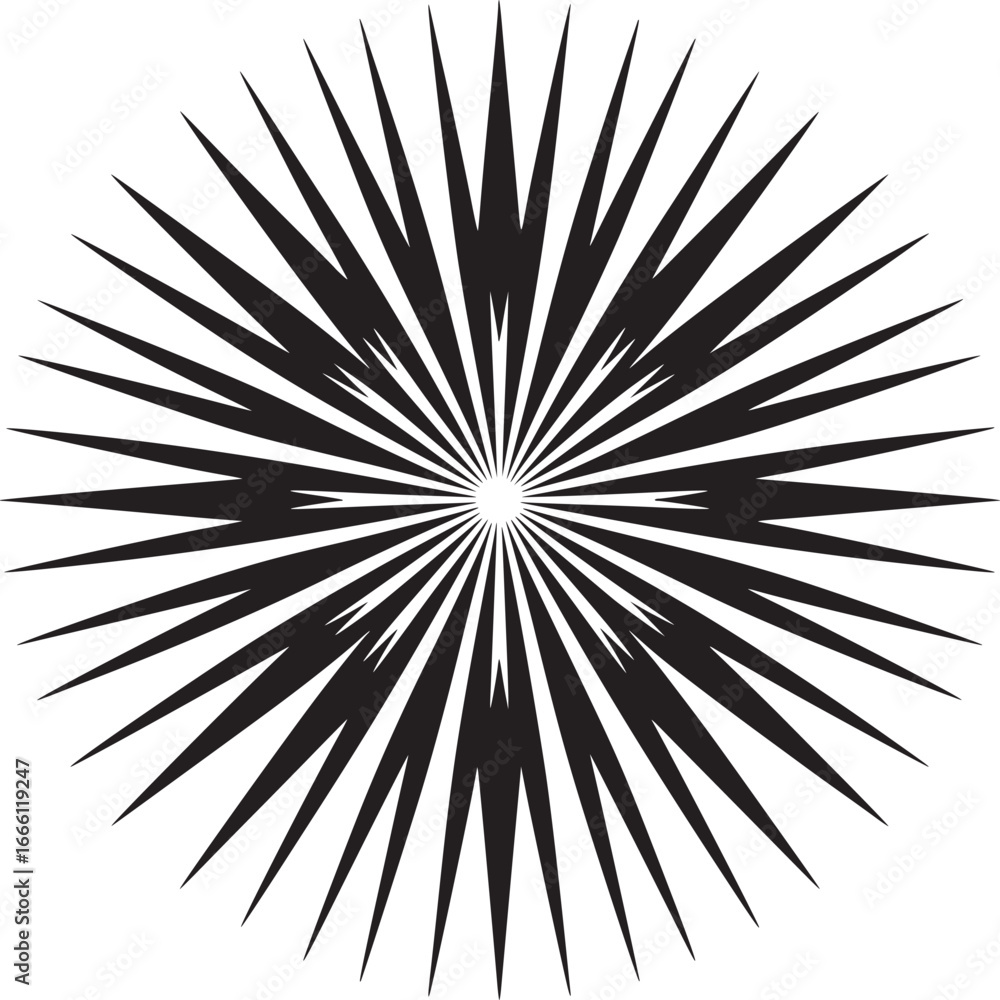 Poster dynamic burst of spiky radiating lines creating a bold, geometric abstract design element for modern