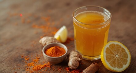 Refreshing Turmeric Elixir with Ginger and Lemon on a Rustic Wooden Table.