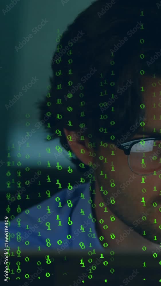 Poster animation of data processing over businessman using computer in office