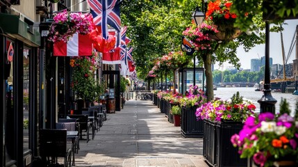 Vibrant Riverside Walkway with Flower Baskets and Flags in a Lively Urban Setting