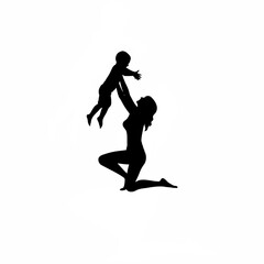 Joyful mother lifting son in the air silhouette isolated on white background