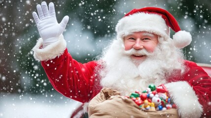 Santa Claus waving, snow falling