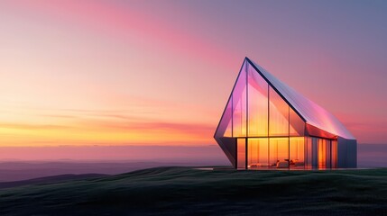 A modern architectural masterpiece at sunset, showcasing stunning glass and design.