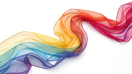 Vibrant rainbow sheer fabric flowing gracefully across a clean white background