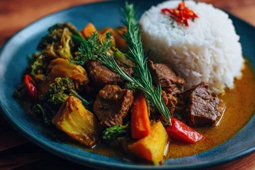 Delicious plate of curry with rice, broccoli, carrots, and herbs on a dark blue plate © Ixam