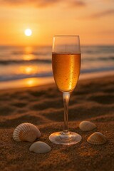 Glas Champagner steht im Sand am Strand bei Sonnenuntergang mit Muscheln und Meerblick