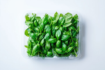 Fresh Basil in Clamshell Package on White Background.