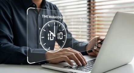 Person managing time with a digital clock interface displayed on a laptop screen