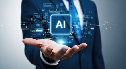 Businessman holding a glowing ai symbol with digital network connections in his hand
