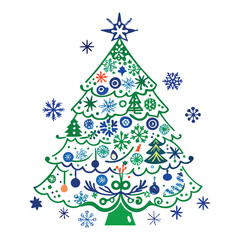 Abstract Christmas tree illustration with snowflakes, star, and ornaments for a festive winter holiday celebration
