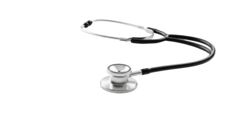 A professional, polished silver and black medical stethoscope, featuring a white diaphragm, diagonally arranged on an immaculate, transparent studio background with copy space, concept of diagnostic
