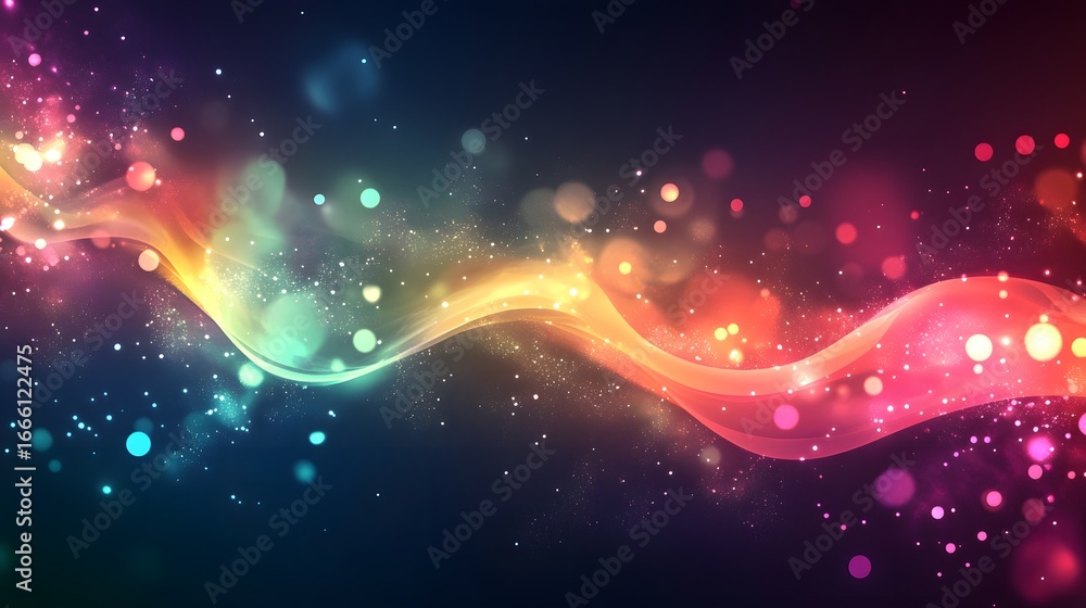 Poster a vibrant abstract design featuring flowing, luminous ribbons of color, set against a backdrop of sp