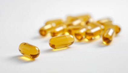 Translucent Capsules on a White Surface Soft Focus Background and Bright Lighting.