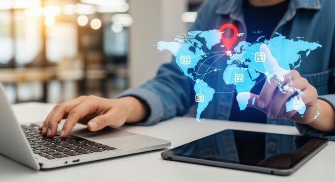 Person using laptop and tablet with a holographic world map and digital connections