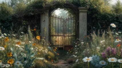 Old gate in a floral garden
