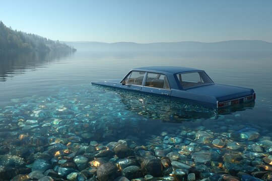 Fototapeta Vintage car submerged in clear lake with rocky bottom under blue sky