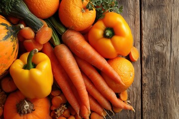 Vibrant orange vegetables and fruits on rustic wooden surface