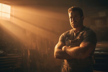 Caucasian male mechanic in workshop with arms crossed, highlighted by sunlight
