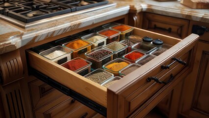 Organized spice drawer in a kitchen