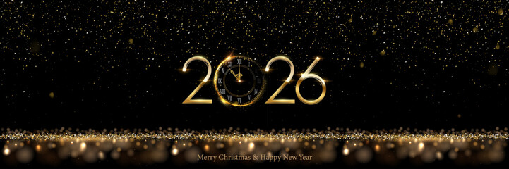 2026 Happy New Year greeting card vector background. 2026 golden numbers with clock countdown, falling confetti and glow light effects. Luxury festive sparkle holiday postcard, invitation, banner.