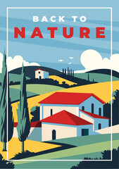 Modern summer poster featuring a scenic nature landscape. Minimalist design, travel and vacation theme, perfect for decoration, branding, or editorial use. Vector illustration