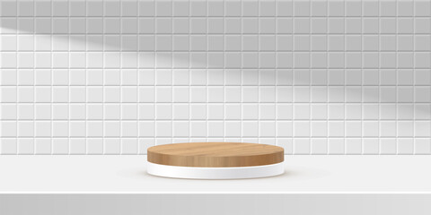 Round wooden podium on white background with ceramic tile wall. Minimal product display stage with natural wood texture, clean lighting and soft shadows. Abstract vector illustration.