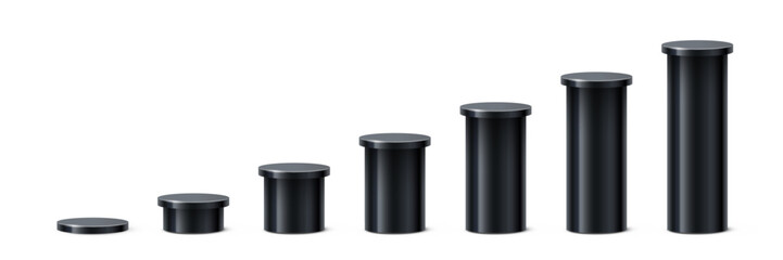 Black cylindrical podiums in ascending height. Minimalist 3D columns for ranking, data visualization, infographics, or product display. Realistic vector illustration.