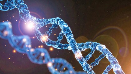 A glowing blue DNA double helix floats amid particles of light—evoking molecular elegance, genetic memory, and the intricate choreography of life’s encoded blueprint.