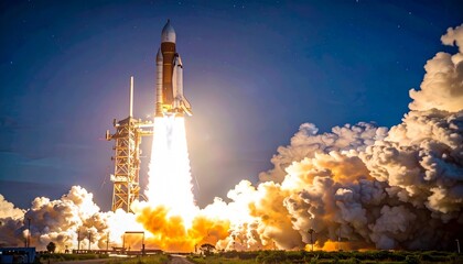 A space shuttle erupts from its launch pad, flames and smoke trailing into a starry night—evoking human ambition, technological triumph, and the fiery choreography of cosmic departure.